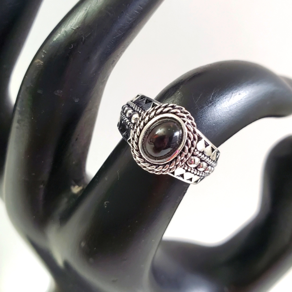 Sterling Silver 925 Black Opal Red Solitaire Ring